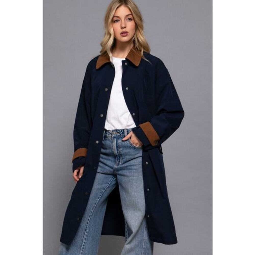 Size Medium Navy Contrast Collar Button Down Long Trench Coat